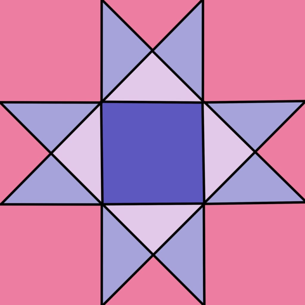 Image is a digital illustration of an Ohio Star quilt block, colored in shades of pink and purple.
