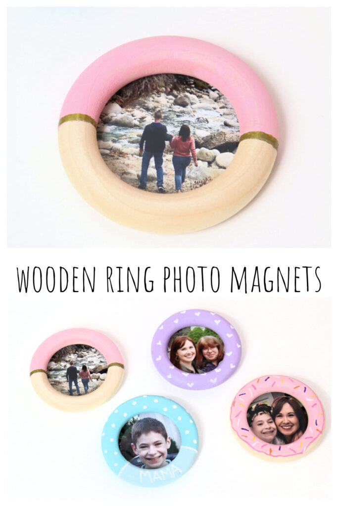 Image is a collage of images showing finished wooden ring photo magnets, along with the project title, intended for Pinterest.