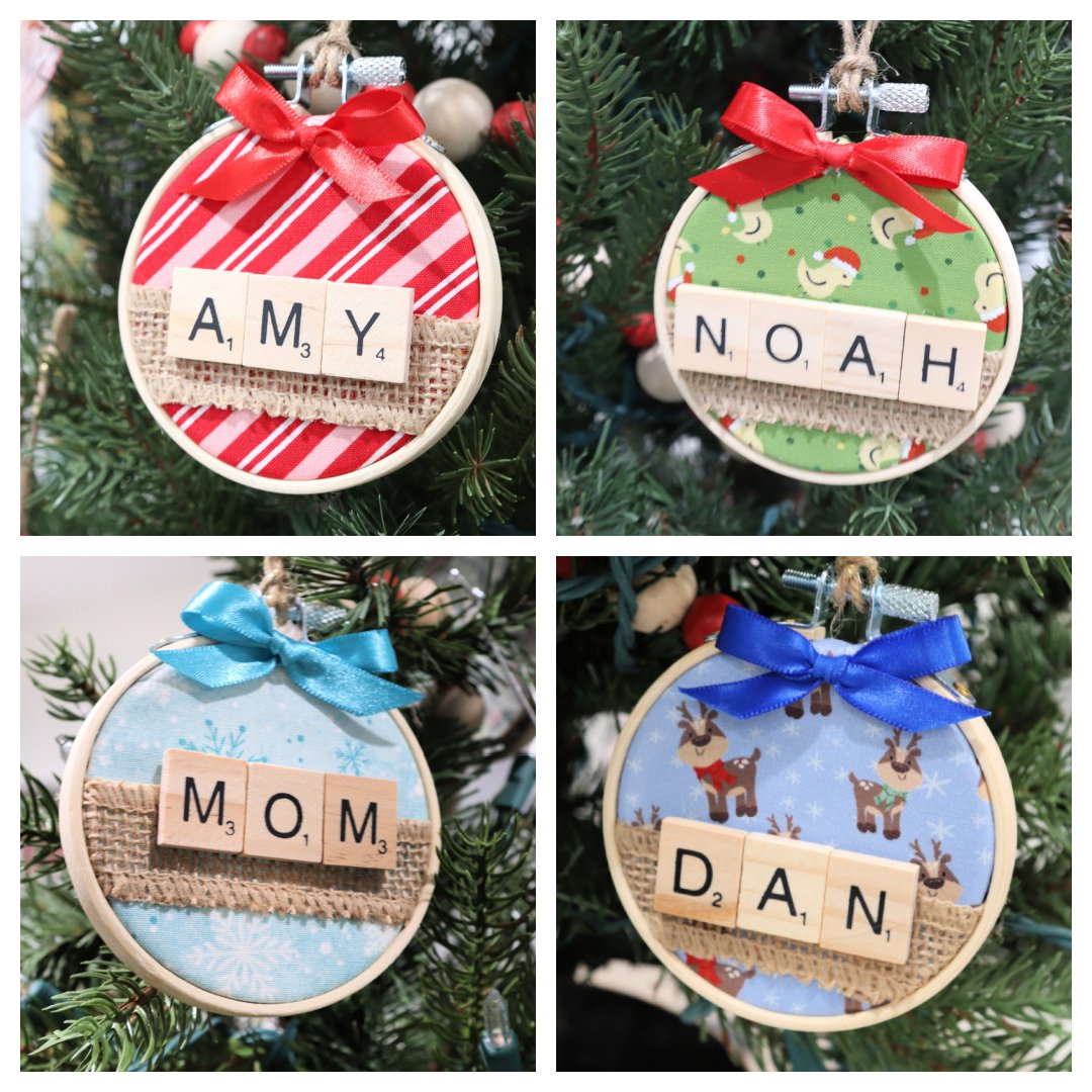Image contains a collage of four hoop ornaments, each made with different fabrics and names.