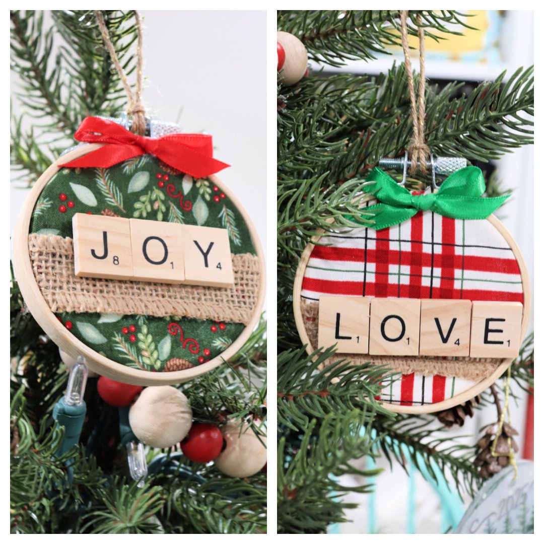 Image is a collage of two hoop ornaments; one with a green Christmas print fabric and the word “joy,” and the other with white and red plaid fabric and the word, “love."