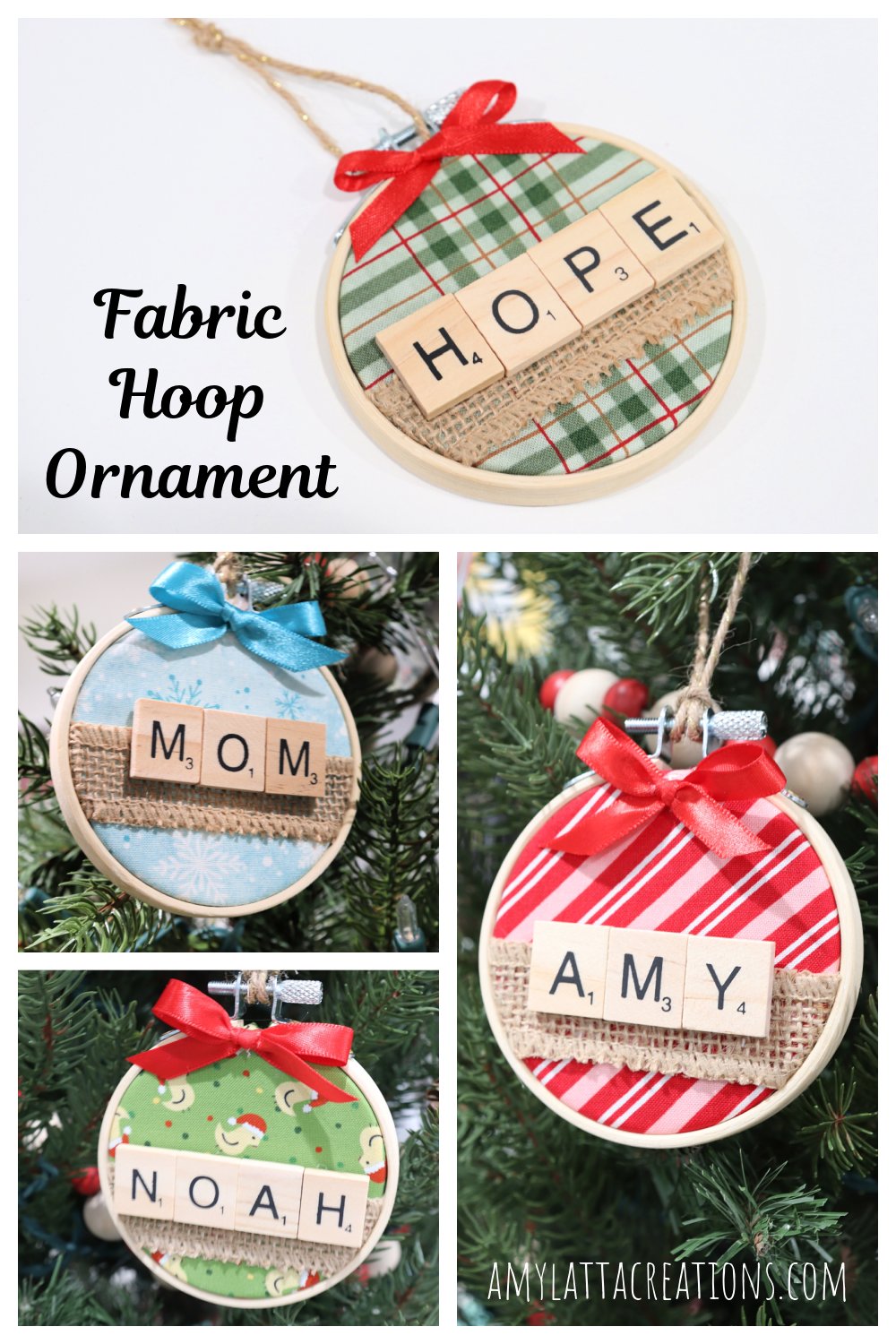 Image is a collage of fabric hoop ornaments intended for Pinterest.