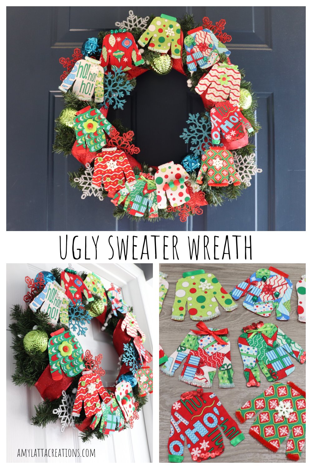 Image is a collage of finished project photos along with the text, “ugly sweater wreath” intended for Pinterest.