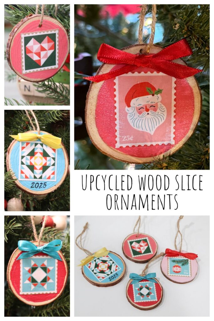 Image is a collage containing five photos of finished upcycled wood slice ornaments, along with the project title. It is intended for Pinterest.
