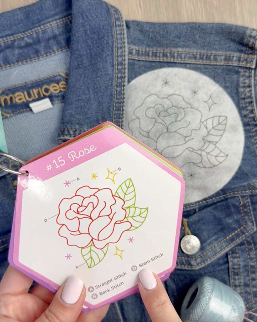 Image contains Amy’s hands holding a stitch guide card showing a rose design that uses straight stitch, back stitch, and stem stitch. The denim jacket with the adhered design pattern sits in the background.