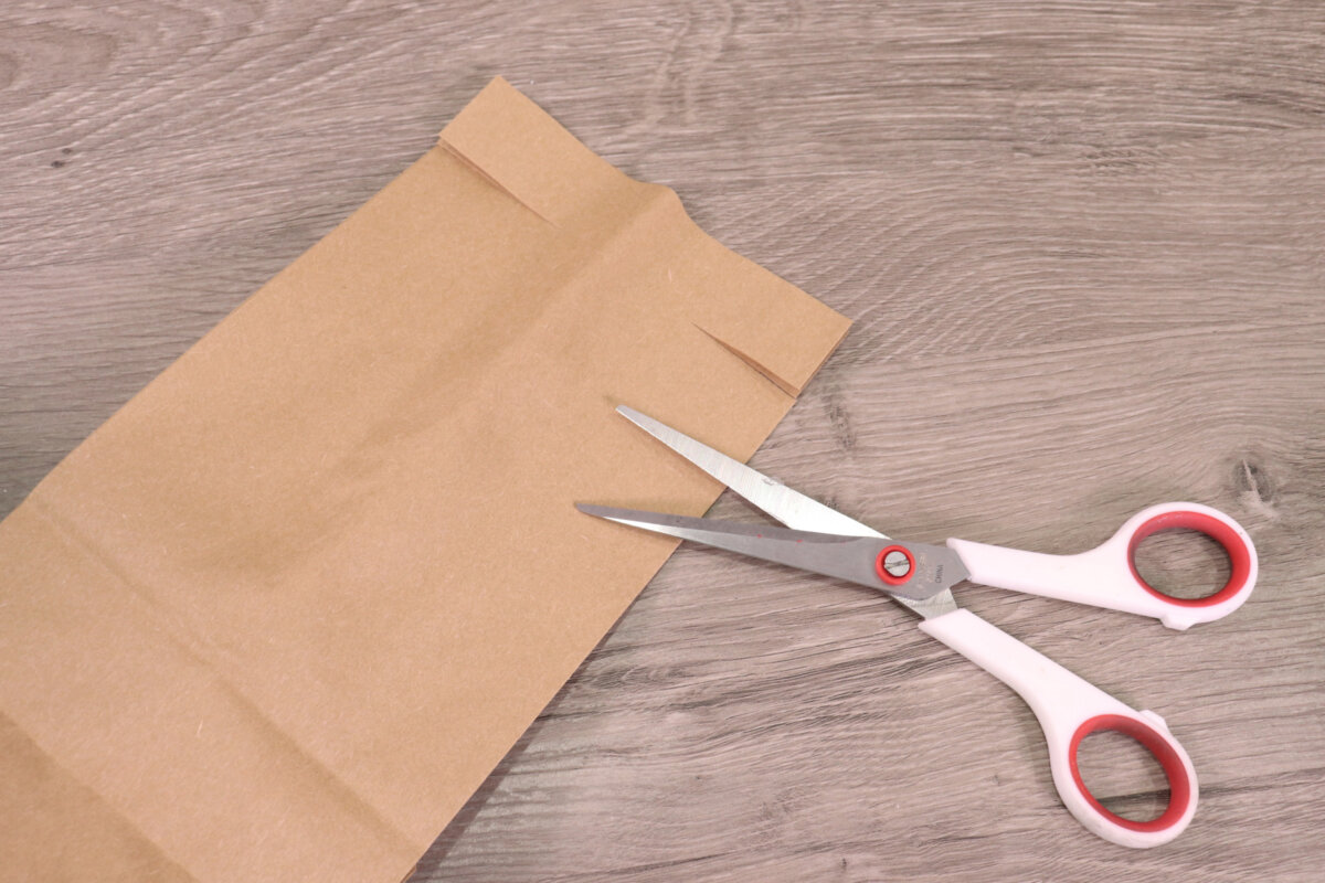 Image contains a paper bag laying on a wooden table with a pair of scissors on top. Slits have been cut in the sides.