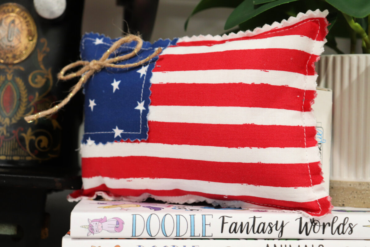 Image contains a mini flag pillow sitting on top of a pile of books and next to a faux plant.