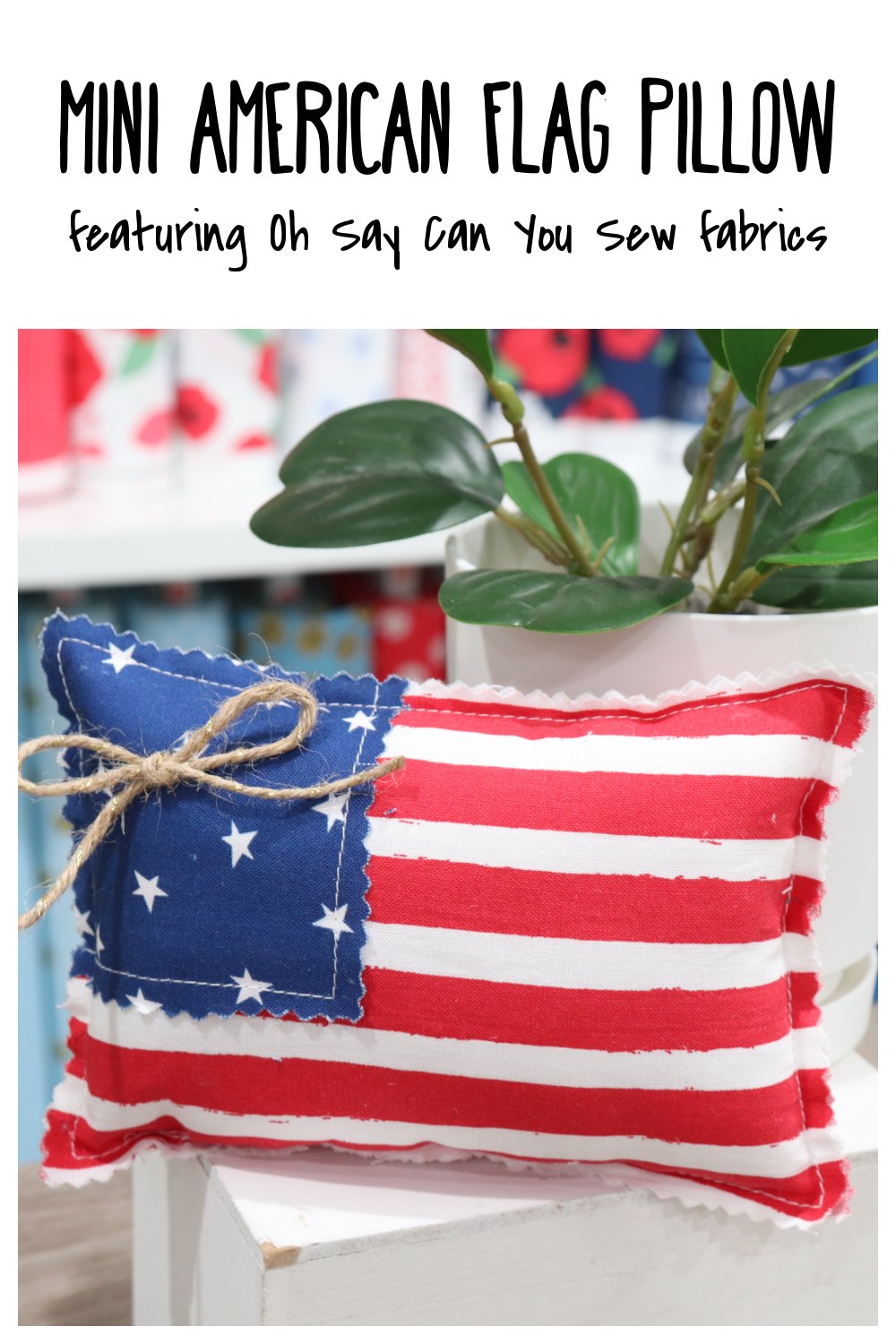 Image contains a mini American flag pillow on a small white box next to a plant.