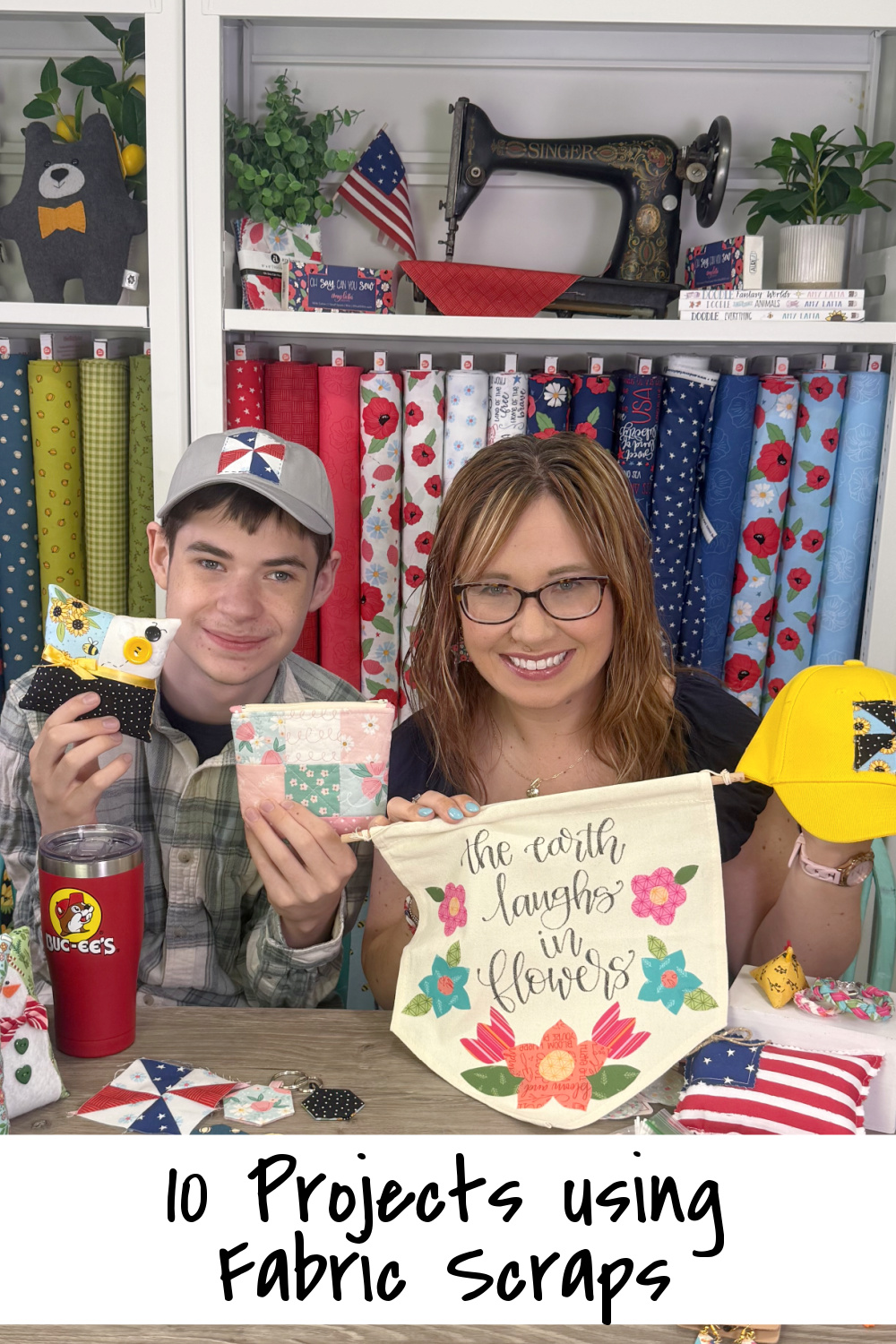 Image contains Amy and Noah sitting behind a wooden table and holding up a variety of small projects, all made with fabric scraps. It contains the post title text and is intended for Pinterest.
