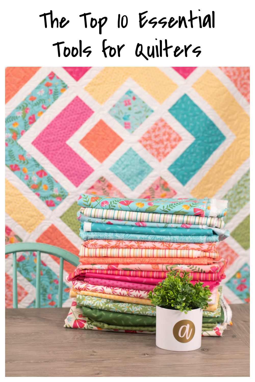 Image contains the post title along with a colorful quilt and a stack of fabrics.