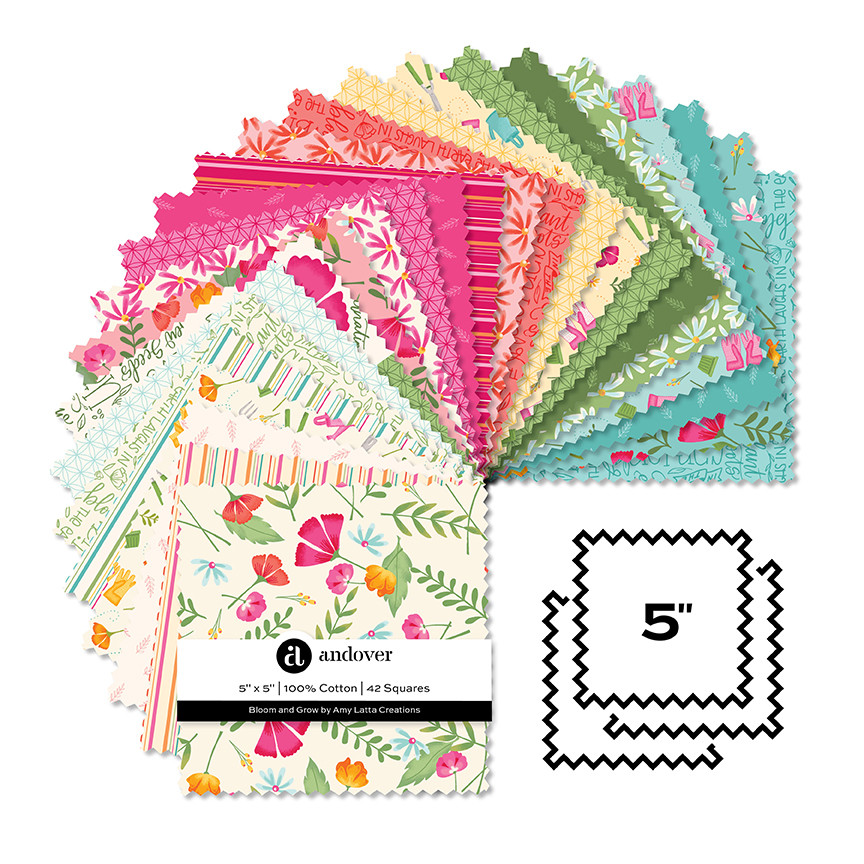 Image contains a charm pack (42 5” squares of fabric) of the Bloom and Grow collection.