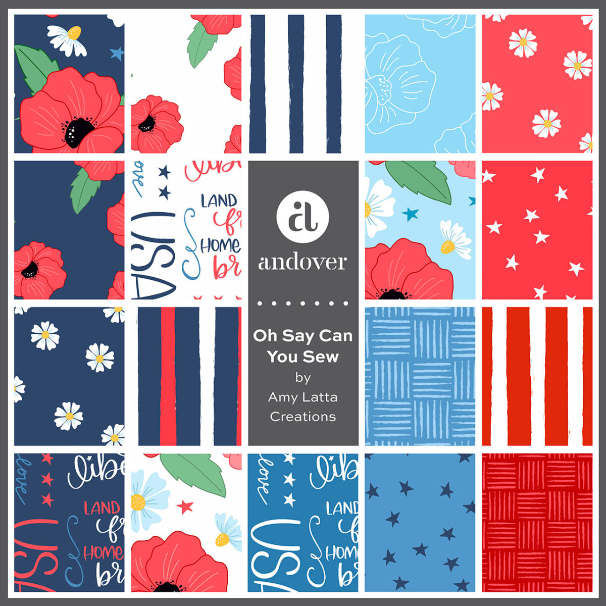 Image contains the thumbnail marketing promo for Oh Say Can You Sew by Amy Latta for Andover fabrics.
